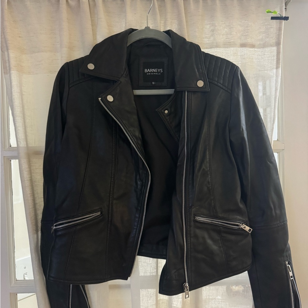 Barneys New York Women's Dark Leather Jacket with Silver Accents